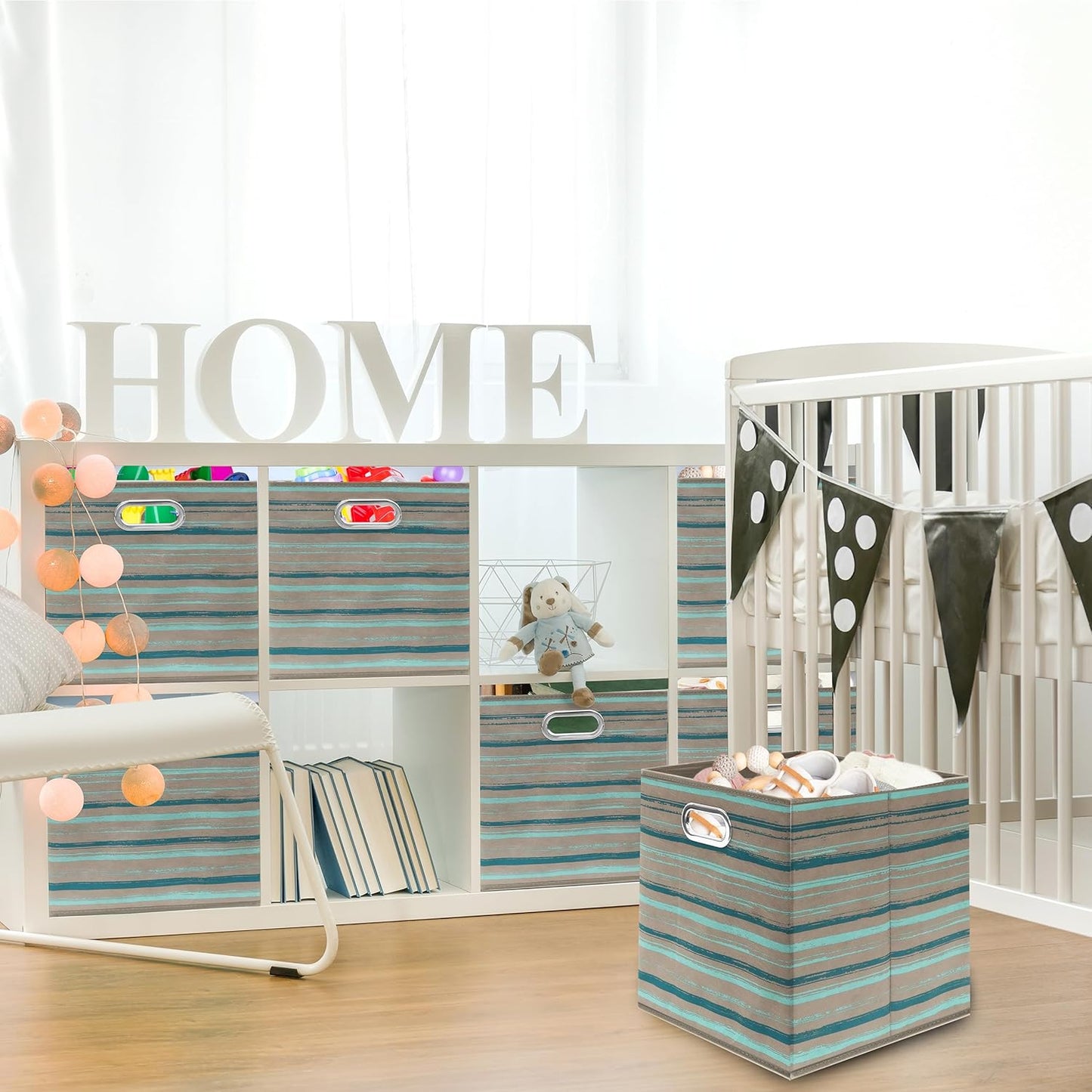 SIMPLE HOUSEWARE 13-Inch Collapsible Fabric Cube Storage Bin with Handles, Printed Design, 3 Pack, Green