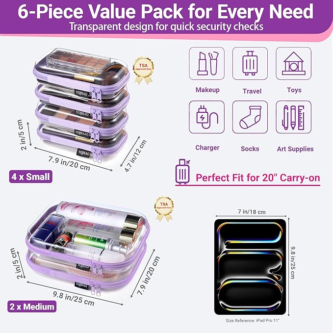 6 Pack Clear Hard Shell Zipper Case, Hard Plastic Organizer Pouches for Travel, Small Items, Makeup, Electronics & Art Supplies - Crush-Resistant & Waterproof Storage (Purple)