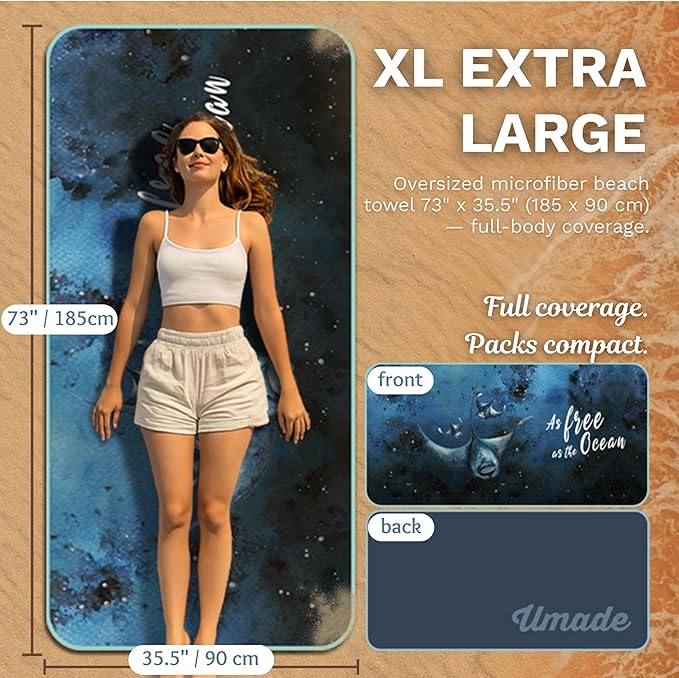 Umade Oversized Microfiber Beach Towel, L 73" x 35.5" - Sand Free Quick Dry Lightweight Travel Towel, Hanging Loop & Elastic Strap, Manta Rays Design (Deep Blue)