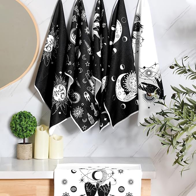 Bencailor 6 Pcs Gothic Kitchen Towels Spooky Tarot Dish Hand Towels Moon Sun Witch Tea Washcloth for Horror Party Gifts Bathroom Kitchen Goth Decor 24 x 16''