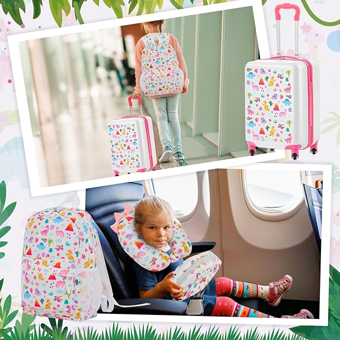 Redbaker 17 Inch 6 Pcs Kids Luggage Set Kids Rolling Luggage Double Pattern Suitcase for Boys Girls (Pale Pink, Dinosaur Style)