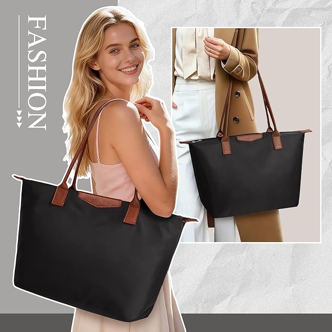 Tote Bag for Women, Nylon Top-Handle Purse with Zipper, Lightweight Foldable Shoulder Hobo Handbag