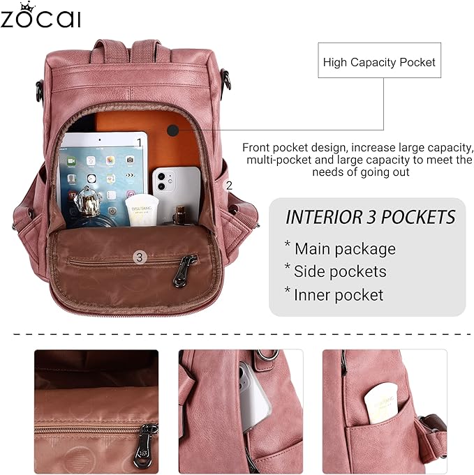 ZOCAI Backpack Purse for Women Fashion Backpack Purses PU Leather Daypacks Anti-Theft Shoulder Bag Satchel Purse