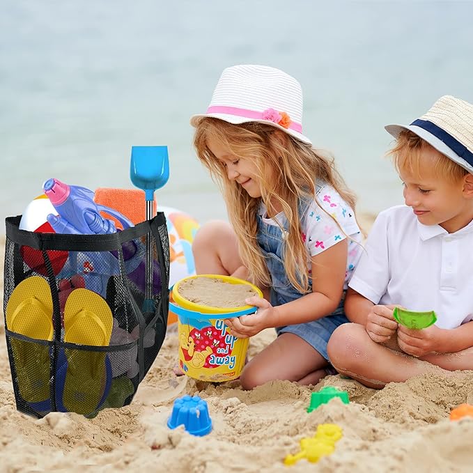 Large Mesh Beach Bag - Lightweight & Foldable Family Beach Bag with 9 Pockets for Toys, Towels & Vacation Essentials