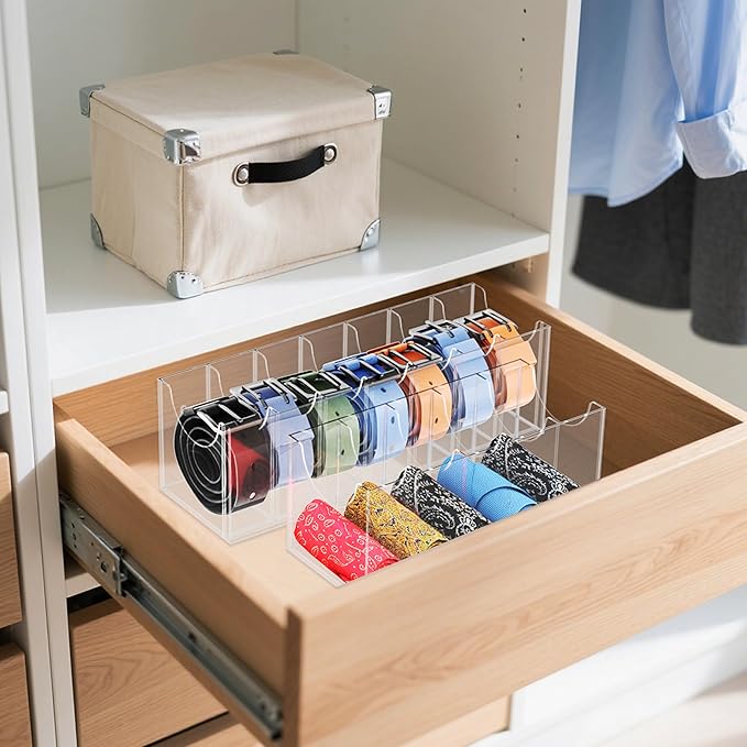 Acrylic Belt Organizer Box with 7 Compartments, Wall-Mount or Desktop Belt Storage for Men & Women, Holds Large Buckle Belts, Transparent Belt Holder for Closet Drawer Dresser (7 Compartments)