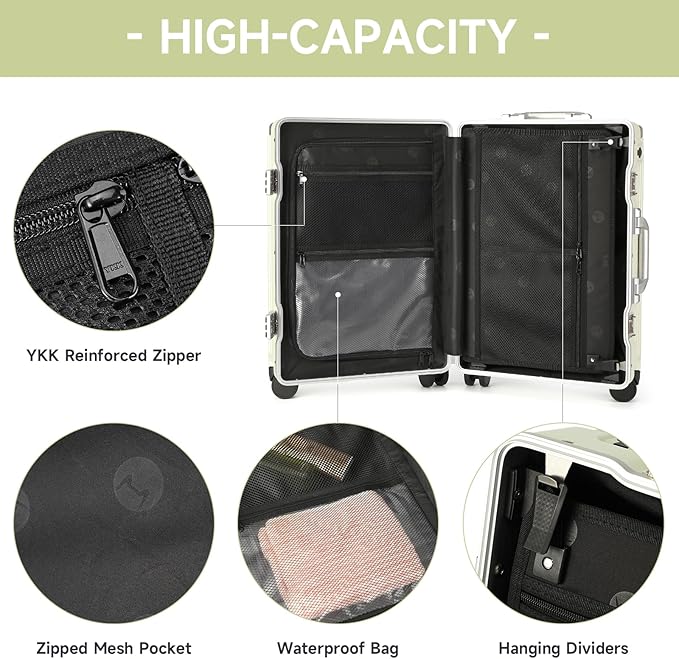 MYER Hard Case 24 Inch Checked Luggage with Spinner Wheels,Aluminum Luggage with 100% 3-Layer PC,Hard Shell Suitcases with Wheels,Cup Holder and USB Port (Vanilla Green, 24 inch)
