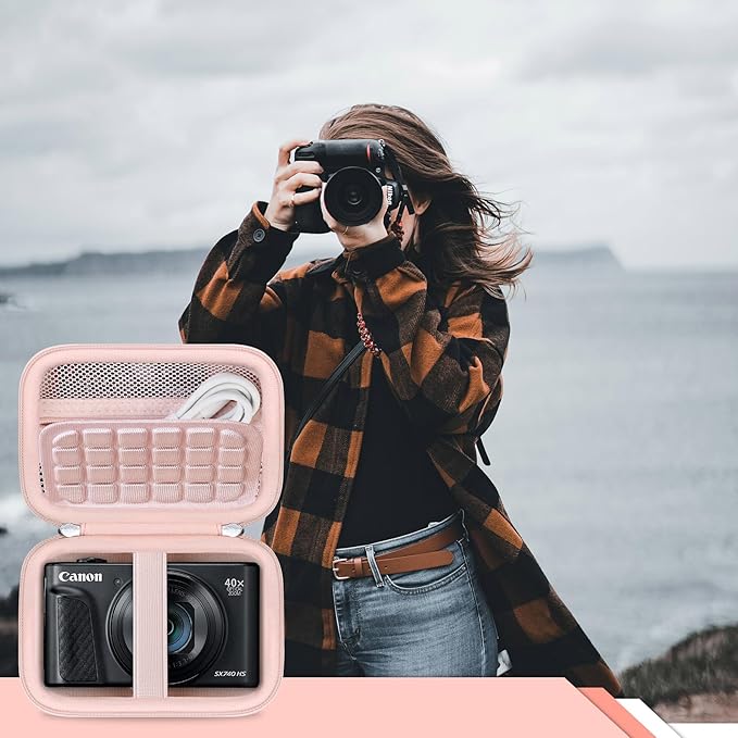 RAIALL Carrying Case for Canon PowerShot SX740/ SX730/ SX720/ SX710/ SX610/ SX260/ ELPH 360 HS Digital Camera, Vlogging Camera Travel Hard Bag, Mesh Pocket for Battery, SD Cards and USB Cable, Pink