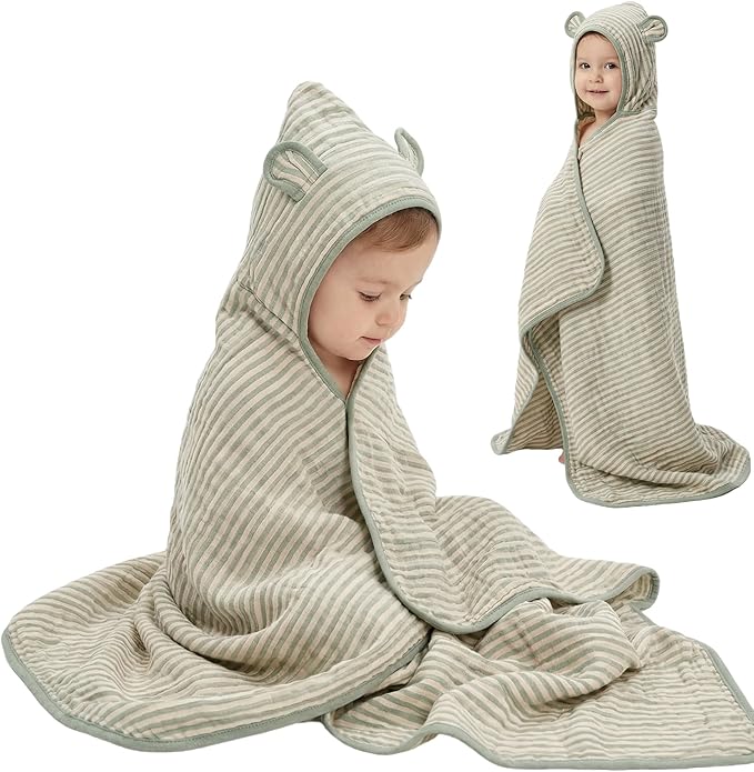 Ultra-Soft Muslin Toddler Hooded Towel – 55 x 28 Inches, Made with Organic Cotton, Gender-Neutral Sage Green Striped Jacquard Pattern, Ideal for Bath & Beach, Newborn to Toddler