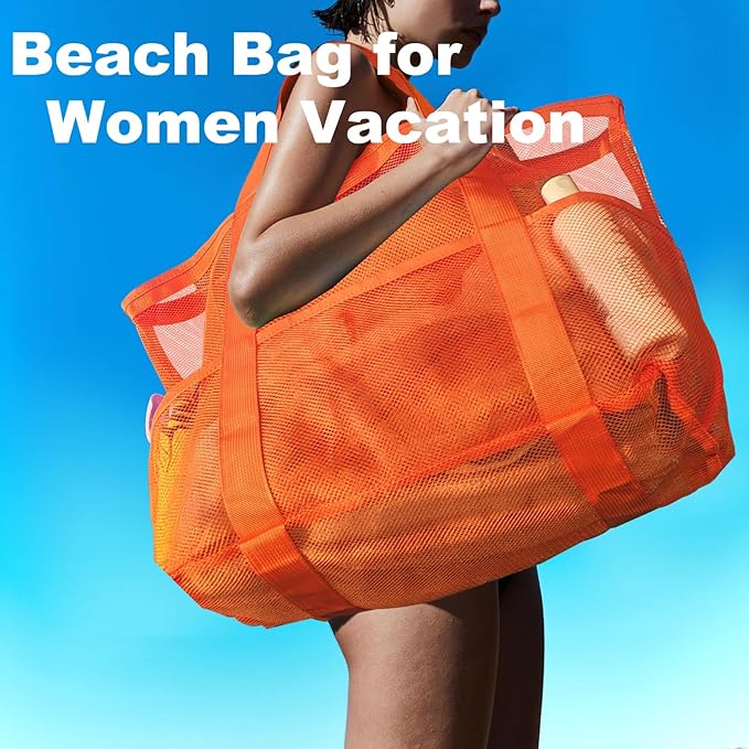 Mesh Beach Bag,Large Beach Bags for Women with 8 Pockets,Packable Tote Bag for Beach Cruise Pool Vacation Essentials