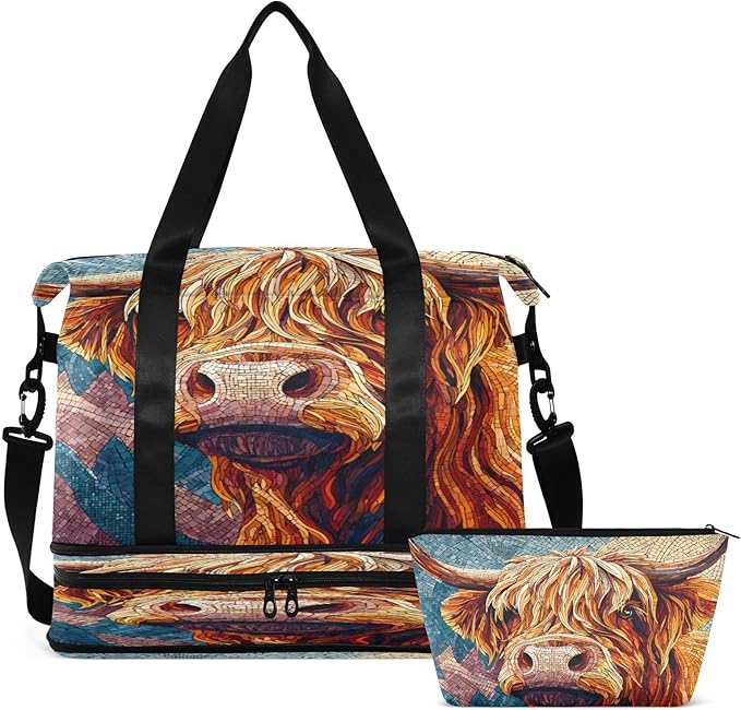 Travel Duffel Bags for Women Colorful Mosaic Cow Print Sports Duffel Bags Gym Bags with Shoes Compartment Tote Bag Weekender Bag for Travelling