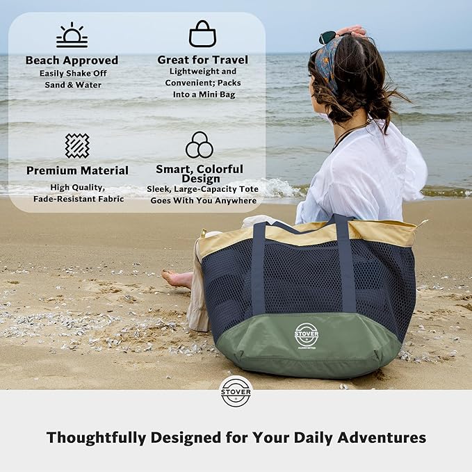 STOVER Extra Large Mesh Beach Bag, Vacation, Pool, Shopping & Travel Tote - Foldable w/Storage Pouch & Pockets for Women, Men