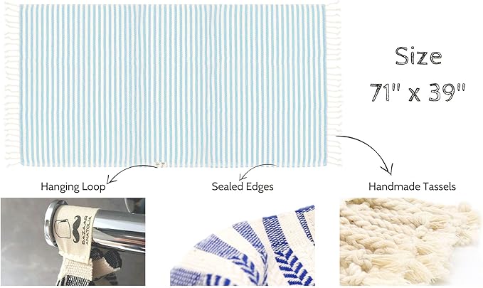 Bazaar Anatolia Turkish Beach Towel – 100% Cotton, Quick Dry, Sand Free Towel for Bathroom, Travel, Camping – Oversized 71x39 Inches – Arpa Turquoise