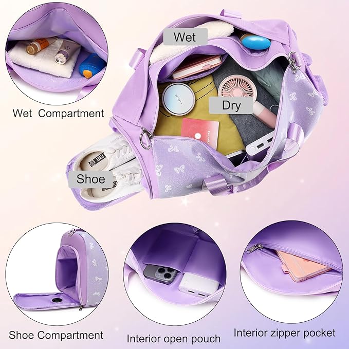 Dance Dag for Girl Travel Bag Glitter Bow Sports Duffle Dag Gym Bag Ballet Bag with Shoes Compartment & Wet Separation Waterproof