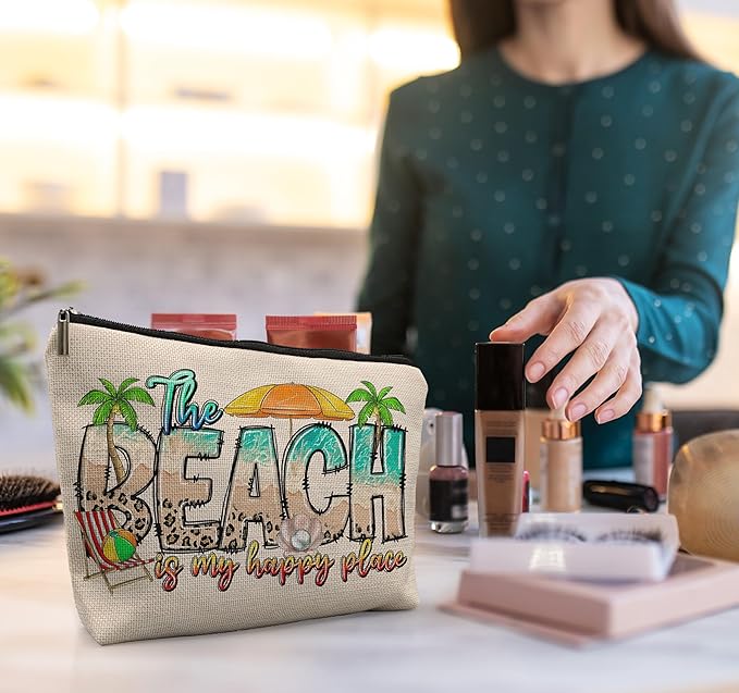 Beach Makeup Bag, Beach Gifts for Women Friends, Gifts for a Beach Lover, Beach Vacation Gifts, The Beach is My Happy Place Makeup Cosmetic Bag for Purse, Beachy Gifts