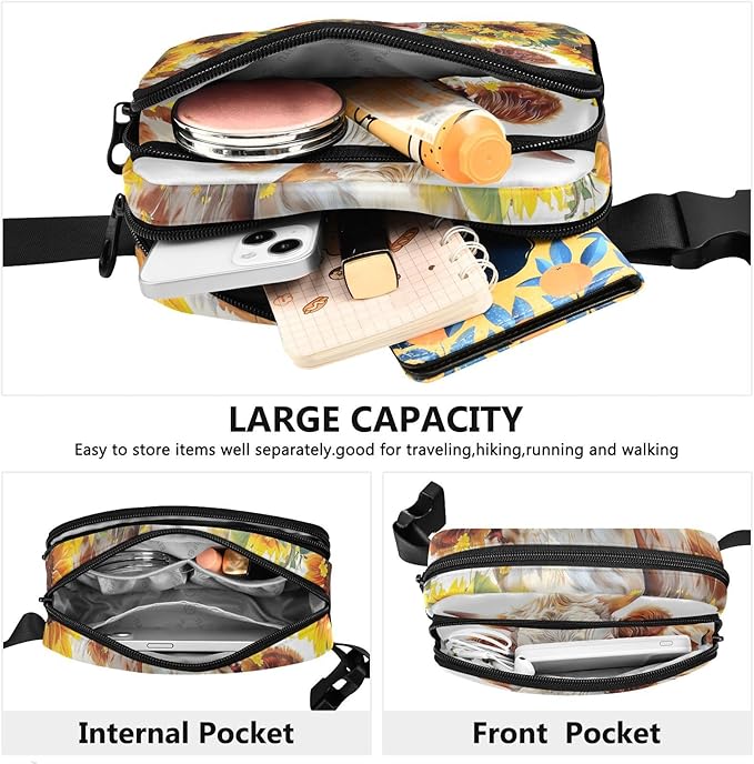 Kawaii Cow Sunflower Fanny Pack for Women Men Water Resistant Fashion Waist Packs with Adjustable Strap Belt Bag for Travel Workout Jogging Hiking 21220225