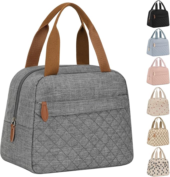 Insulated Lunch Bag for Women, Portable Lightweight Lunch Box for Adults, Reusable Lunch Tote Cooler Bags with Front Zipper Pocket for Work School Picnic(Gray, Large)
