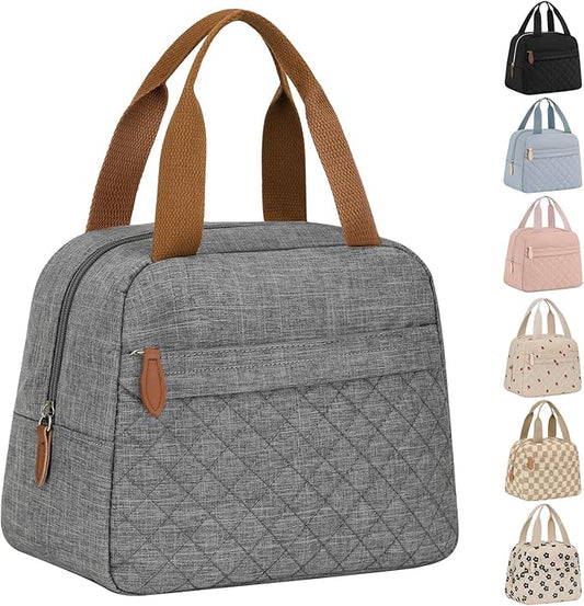 Insulated Lunch Bag for Women, Portable Lightweight Lunch Box for Adults, Reusable Lunch Tote Cooler Bags with Front Zipper Pocket for Work School Picnic(Gray, Large)