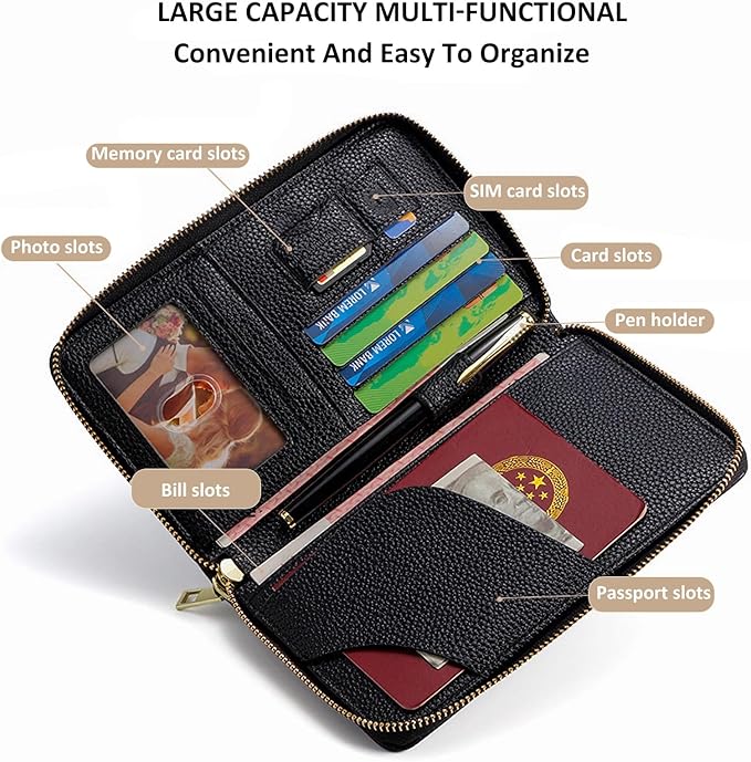 Multi-Functional Passport Holder Cover with Purse Charms,Premium Travel Wallet RFID Blocking Passport Cover Card Case for Holds Phones, Passports, Cash, Cards & Boarding Passes-Black