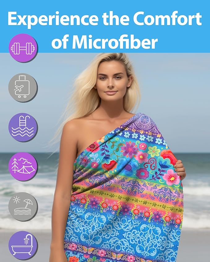 Microfiber Beach Towel Oversized 71X32" Thin, Large, Reversible, Lightweight, Quick Dry, Sand Free, Absorbent, Swim, Pool, Cruise, Compact Travel Towel, Camping, Beach Blanket, Carry Bag, Boho, Flower