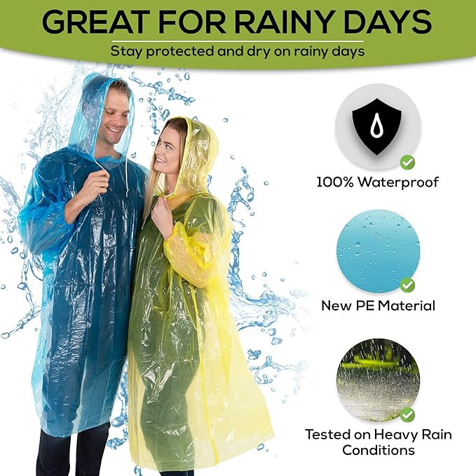 Wealers Rain Poncho Bulk Pack Disposable Ponchos Adults Emergency Raincoat Hood Strings Multi Colors