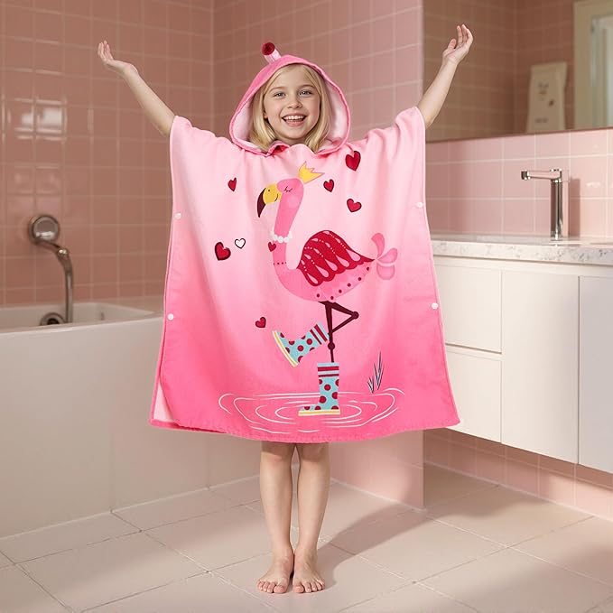 Joiedomi Kids Beach Towels with Hood for Girls Flamingo Hooded Toddler Bath Towel Quick Dry Soft Microfiber 30"x30"