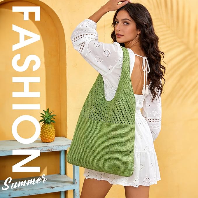 SUOSDEY Crochet Mesh Beach Tote Bag, Knit Summer Vacation Aesthetic Boho Tote Bag for Women