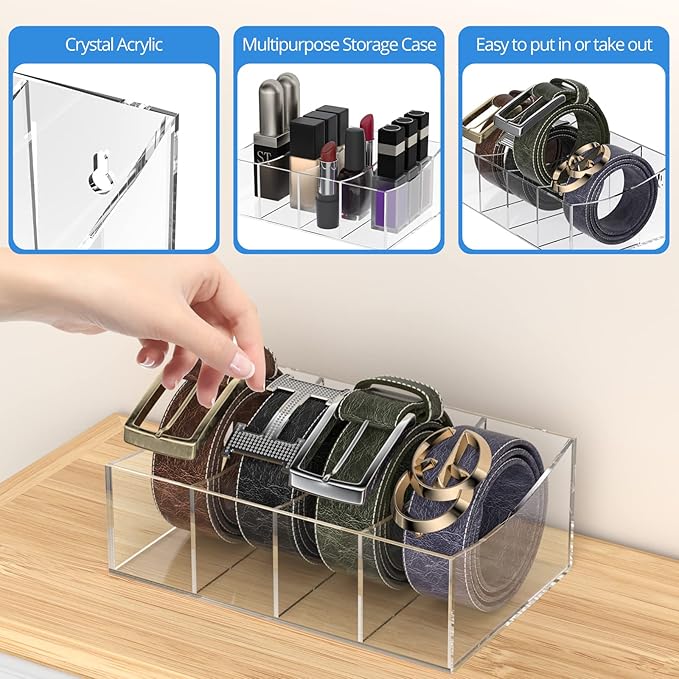 Belt Organizer, Acrylic Belt Storage Holder for The Closet and Drawer, 4 Compartments Belt Container Clear Display Case for Tie and Bow Tie