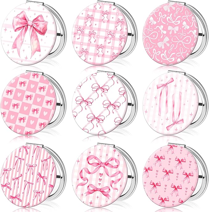 Weysat 9 Pcs Coquette Pink Bow Compact Mirrors Double Sided Magnifying Makeup Mirrors with PU Leather Case Portable Round Pocket Mirror for Women Girls for Mother's Day Travel Bathroom Wedding Gifts