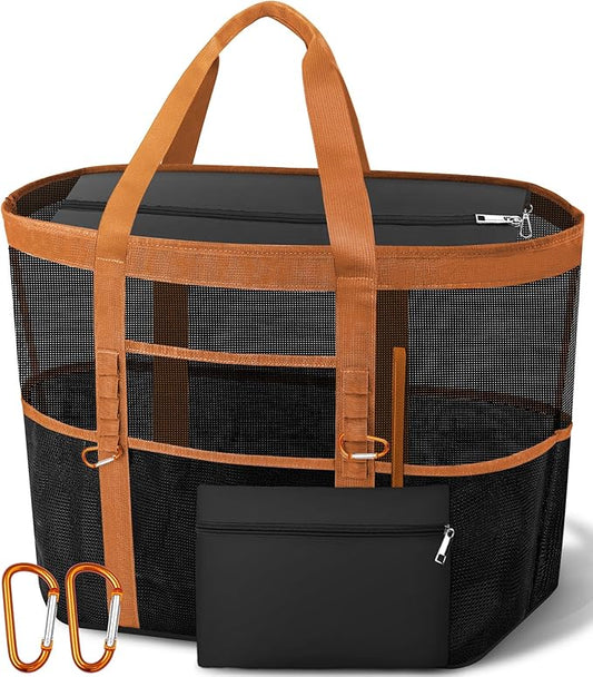 2026 Chic & Spacious XX-Large Beach Bag for Women — Mesh × Canvas Tote with Top Zipper, 11 Pockets, Detachable Pouch | 40L+ Spacious, 11 Tall Pockets, Zipper Pouch, Secure Zip-Top, Sand-Resistant Base