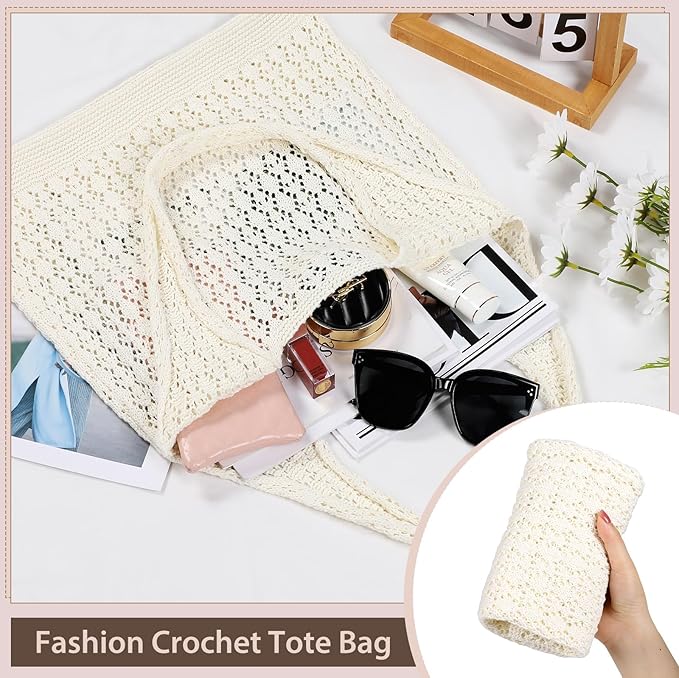 Sightor Crochet Tote Bag, Mesh Beach Bag Knit Summer Hobo Bag Vacation Boho Tote Bag for Women
