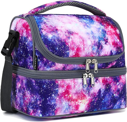 FlowFly Double Decker Cooler Insulated Lunch Bag Large Tote for Boys, Girls, Men, Women, With Adjustable Strap,Galaxy