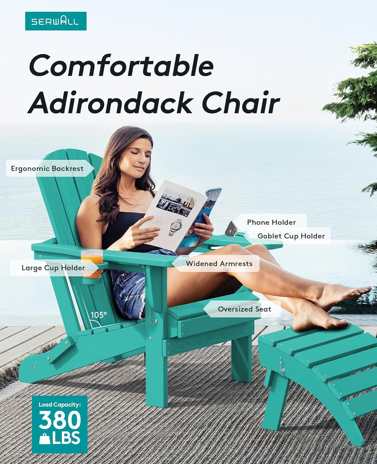 SERWALL Adirondack Chair with Cup Holders - Composite Adirondack Chairs Set of 2 HDPE Outdoor Chairs All Weather Use- Aruba