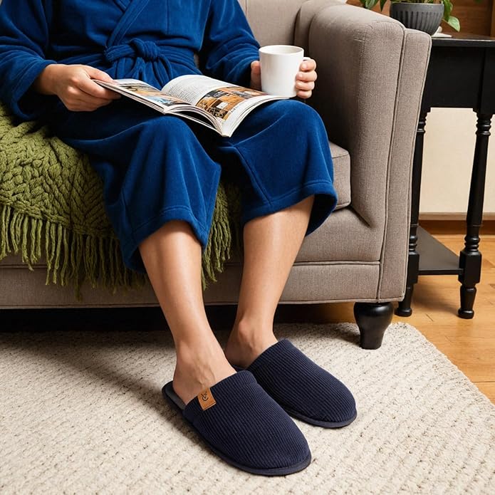 VeraCosy Men's Corduroy Scuff Slippers Soft Comfy Memory Foam Non-slip Indoor House Shoes