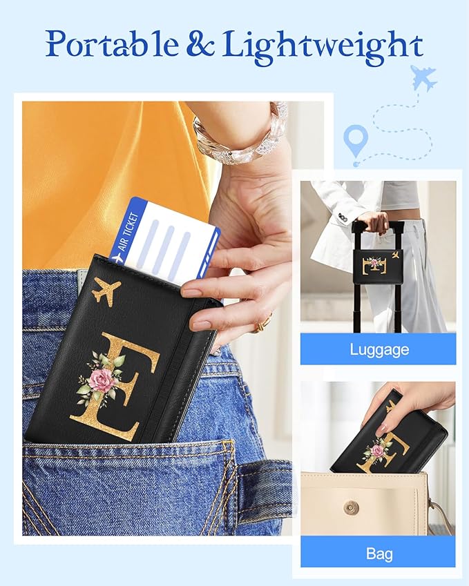 Slohif Initial Passport Holder Cover Wallet Case for Travel Women - Leather Letter Passport Book Family Multiple Personalized Organizer Card Slots Protector Sleeve Essentials Slim Carrier Black E