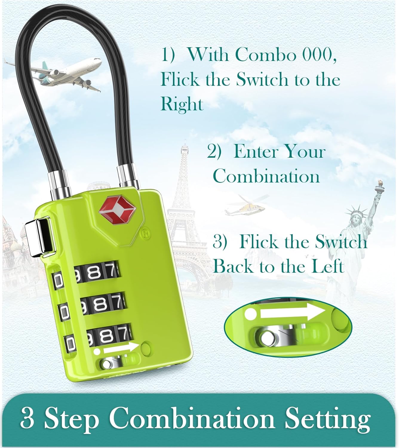 Search Alert TSA Approved Travel Combination Luggage Cable Locks for Suitcase, Gym Locker,Toolbox,Backpack 1,2,4,6 &10 pk (Lime 4 Pack)