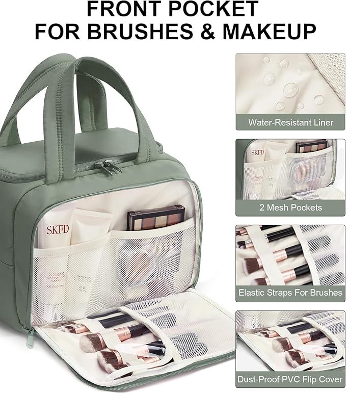 Travel Toiletry Bag for Women, Lightweight Large Quilted Puffy Makeup Bag Wide-open Make up Organizer Cloud Cosmetic Bag w/Handle for Traveling Toiletries Essentials Accessories Sage Green