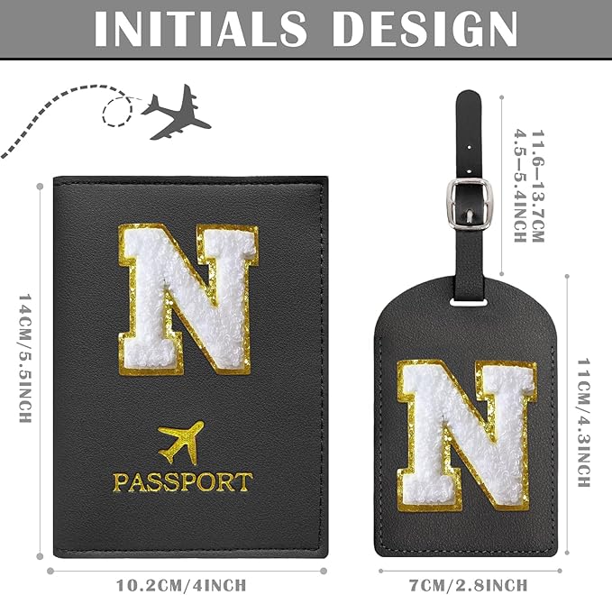 COSHAYSOO Black Passport Cover and Luggage Tag Set TSA Approved with Her Initial Chenille Letter Patch, Trending Traveling Bag Backpack Suitcase Identifier Birthday Gifts for Women Girls (N)