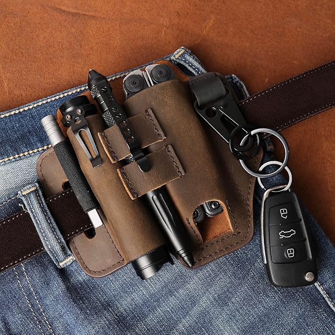 Gentlestache Multitool Leather Sheath for Belt, EDC Organizer, Multitool Pouch,Leather EDC Sheath with Elastic Band Pen Holder, Flashlight Holder and Keychain Clip, Practical Belt Pouch for EDC Gears