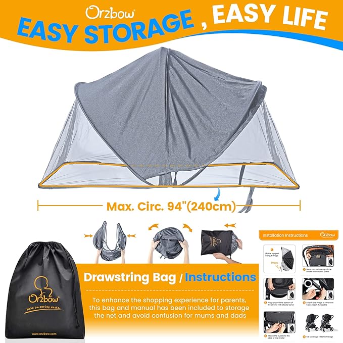 Orzbow Baby Mosquito Net with Sun Shade UPF50+ for Stroller, Universal Stroller Mosquito Netting Privacy Cover with Two-Way Zipper and Storage Bag for Car Seats, Bassinets, Cradles, Mini Cribs, Grey