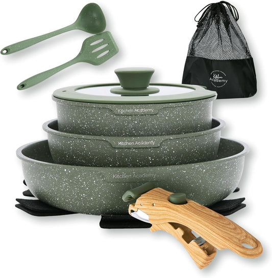 Kitchen Academy Removable Handle Pots and Pans Set - 10 Pieces Green Cookware Set with Removable Handle, RV Induction Cookware Set for Camp