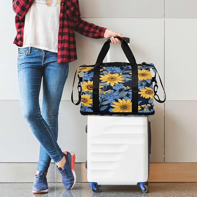 CEBUGI Sunflower Forget Me Sports Duffle Bags Extensible Gym Bag Wet and Dry Separate Portable Travel Duffel with Shoe Compartment & Wet Pocket