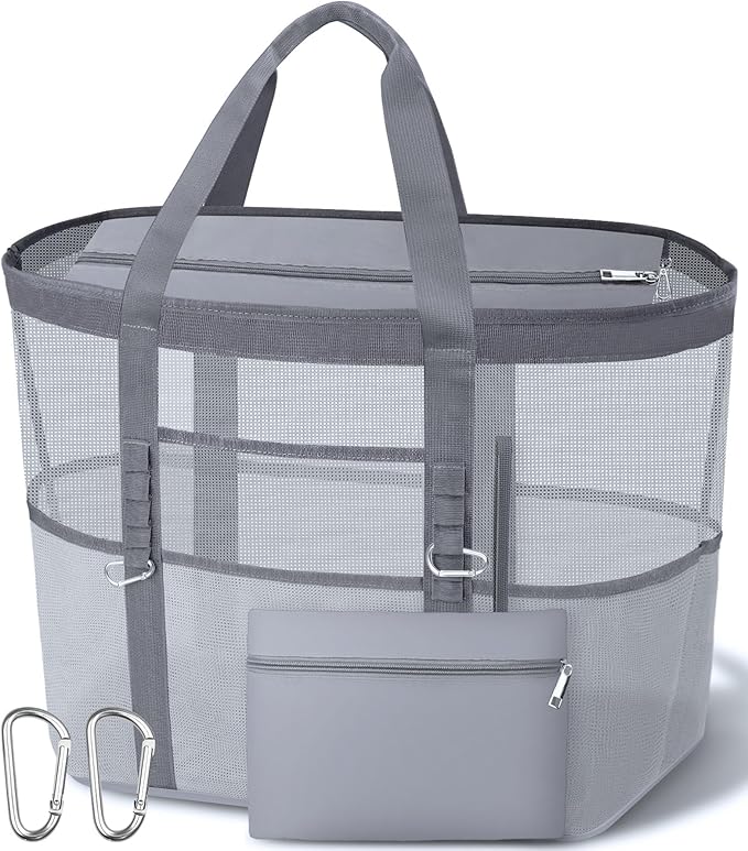 2026 Chic & Spacious XX-Large Beach Bag for Women — Mesh × Canvas Tote with Top Zipper, 11 Pockets, Detachable Pouch | 40L+ Spacious, 11 Tall Pockets, Zipper Pouch, Secure Zip-Top, Sand-Resistant Base
