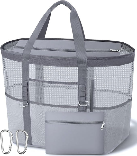 2026 Stylish & Spacious XX-Large Beach Bag for Women – Mesh × Canvas Tote with Top Zipper, 11 Tall Pockets | 40L+ Spacious, 11 Tall Pockets, Zipper Pouch, Secure Zip-Top, Sand-Resistant Base