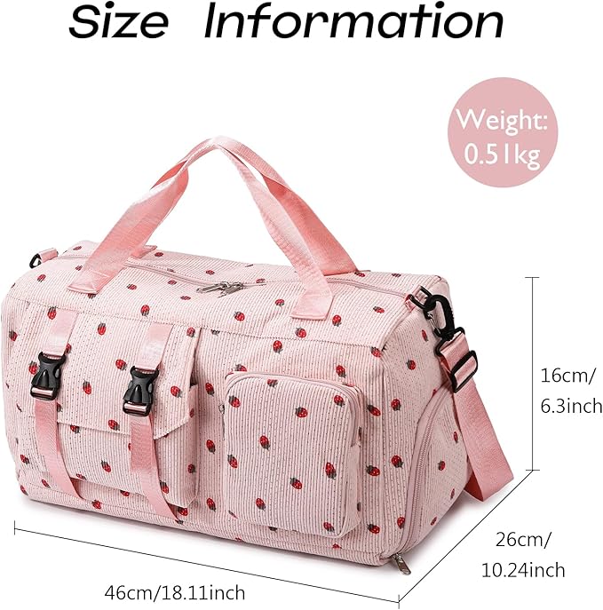 MYHOZEE Strawberry Corduroy Duffel Bag for Women, Gym Bag with Shoe Compartment & Wet Dry Pocket, Lightweight Travel Bag with Adjustable Strap, Sports Weekender Overnight Bag for Work Swimming Yoga