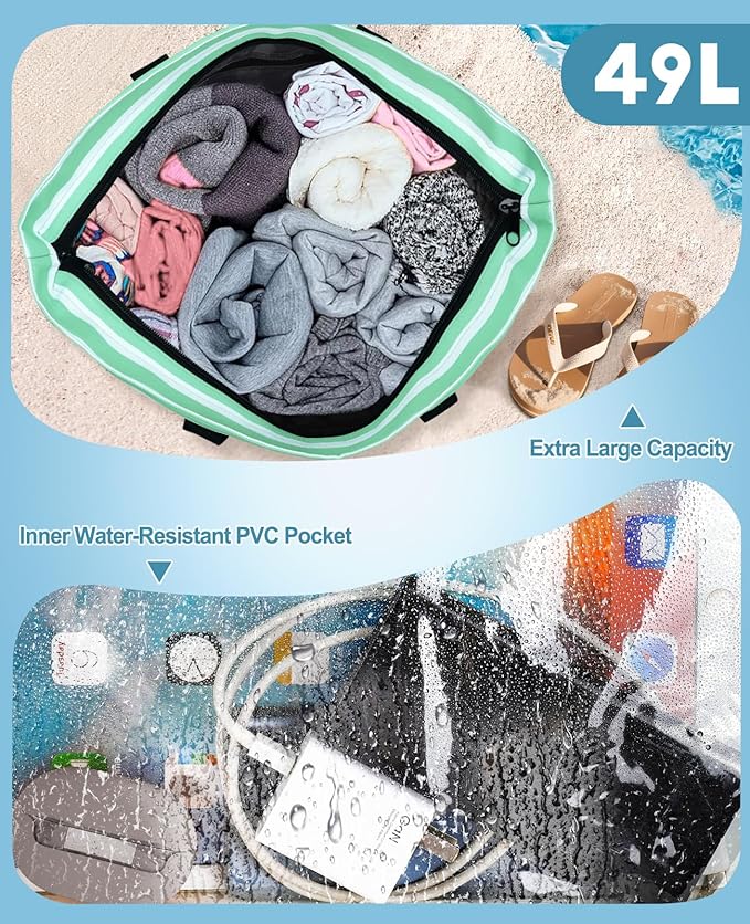 ISEYOU Beach Bag with Cooler, 49L Large Family Beach Tote with Zipper, Waterproof Sandproof Beach Bags for Women and Men, Foldable Lightweight Travel Bag for Pool, Picnic, Gym