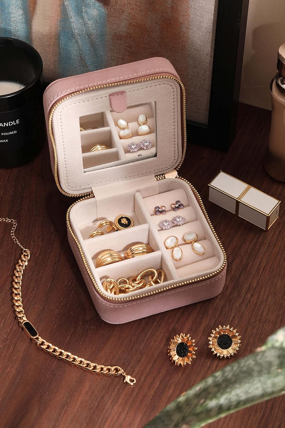 S.Leaf Travel Jewelry Organizer Travel Jewelry Boxes for Women Small Jewelry Travel Case Box Portable Travel Jewelry Case Travel Case Mini Jewelry (05_Suede_Touch_Dust_Pink)