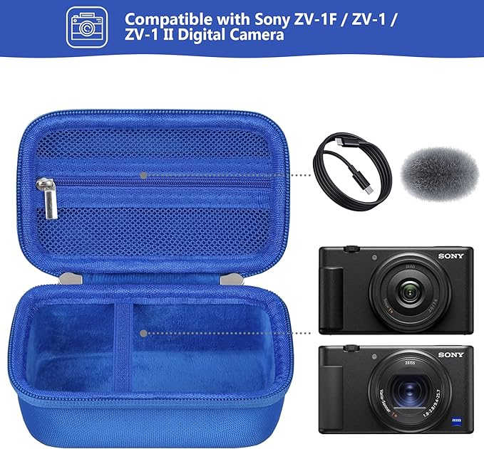Hard Travel Case for Sony ZV-1F / ZV-1 / ZV-1 II Digital Camera, Storage Holder Travel Bag with Zipper Mesh Pocket for Battery Pack, Charging Cable, USB Card, Blue