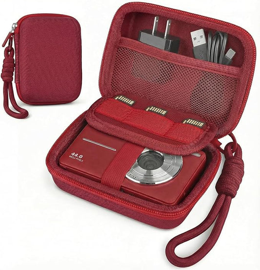 Digital Camera Case for CAMKORY/KODAK PIXPRO FZ45/FZ55/Canon IXUS 285 HS/AbergBest/Sony DSCW800/DSCW830 - Small Travel Compact Camera Holder with Mesh Pocket for SD Card & Accessories (Wine Red)