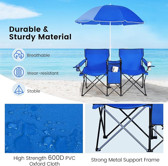 KOTEK Double Camping Chair, Folding Camp Chair with Removable Umbrella, Cup Holders, Cooler Bag, Side Pocket & Carry Bag, 2-Person Beach Chair for Outdoor, Sports, Concerts, Travel, Picnic (Blue)