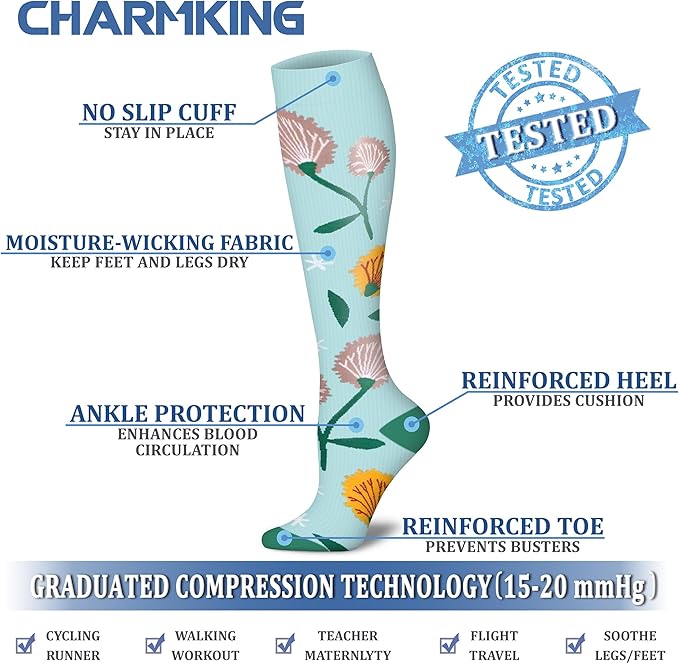 CHARMKING 6 Pairs-Compression Socks for Women & Men Circulation Best Support for Nurses, Running, Athletic,Flight Travel